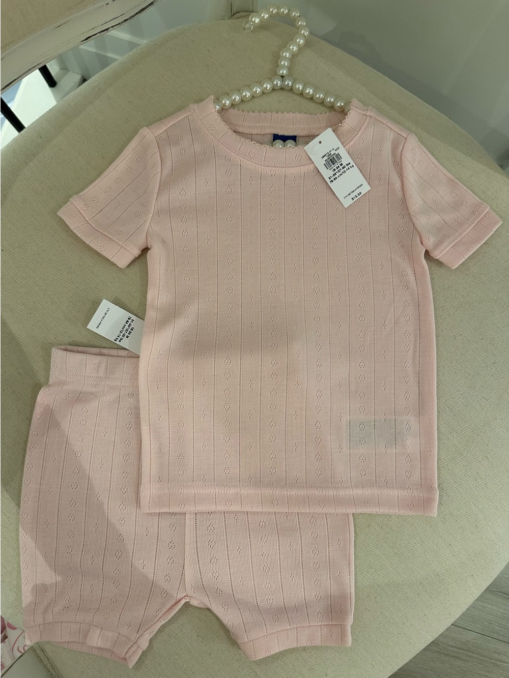 🩰 18~24 Mth Soft Ballet Pink Pointelle Knit Baby  Pajama Set Top & Shorts NWT